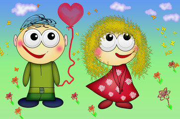 Fototapeta premium Nice couple in love. Valentine's Day romantic people in love.Little boy giving heart shaped balloon to gir