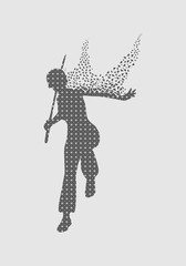 Kung Fu martial art silhouette of woman textured by lines and dots pattern in sword fight pose. Particles emission