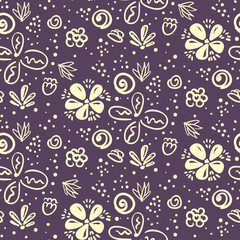 Fototapeta na wymiar Cute violet doodle floral seamless pattern. Lovely naive texture with outline white flowers and blotches on pale purple background for textile, wrapping paper, banner, underwear, surface, wallpaper