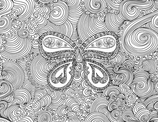 Beautiful floral seamless pattern with handwritten butterfly and curling lines decorative ornament