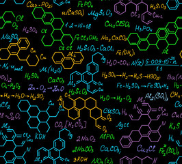 Multicolored chemistry vector seamless pattern with molecular formulas and combinations, handwritten equations. Endless scientific texture