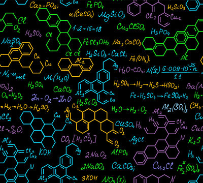 Multicolored chemistry vector seamless pattern with molecular formulas and combinations, handwritten equations. Endless scientific texture