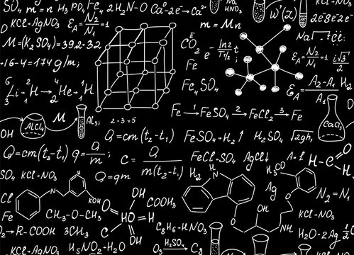 Chemistry vector seamless pattern with formulas of chemical combinations, "handwritten with chalk on blackboard"