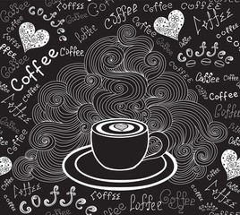Food and drink vector seamless pattern with coffee cup and words "Coffee" handwritten by chalk on grey board. Endless food vector texture