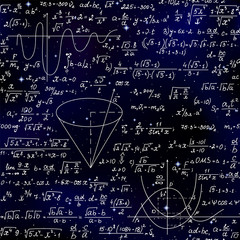 Mathematical vector endless seamless pattern with formulas, figures and calculations handwritten on the background of stars. Scientific space endless texture