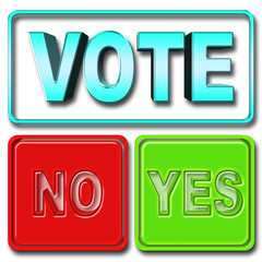 Stock Illustration - Big Bold Metal Aqua Text VOTE, Green Square YES, Red Square NO, 3D Illustration, Bright Against the White Background.