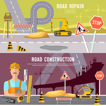 Road construction and road repair banner. Repair is expensive in the city. Road works construction and repair elements