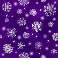 Seamless pattern with white snowflakes & stars on violet background