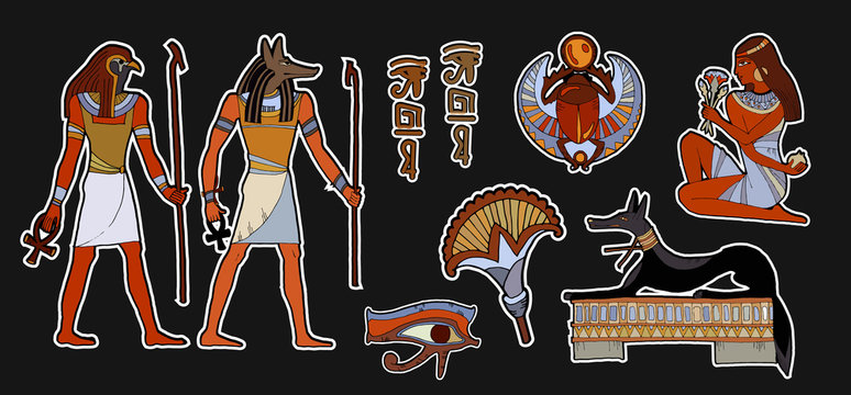 Ancient egypt fashion patch . Pharaoh, gods of Egypt, Anubis, Ra. Stickers, patches in cartoon 80s-90s comic style. Egyptian gods and pharaohs patch, ancient civilization, stickers art