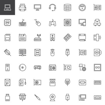 Computer components line icons set, outline vector symbol collection, linear style pictogram pack. Signs, logo illustration. Set includes icons as computer, hardware, monitor, mouse, keyboard, ssd