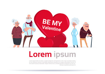 Two Senior Couples Over Heart Shape Happy Valentines Day Template Banner Flat Vector Illustration