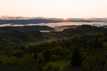 Sunrise in the vicinity of San Gimignano. Morning in Tuscany, Italy