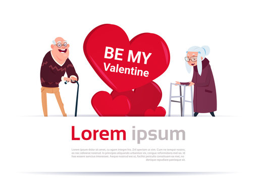 Elderly Man And Woman Over Heart Shape With Copy Space Senior Couple Happy Valentines Day Template Banner Flat Vector Illustration