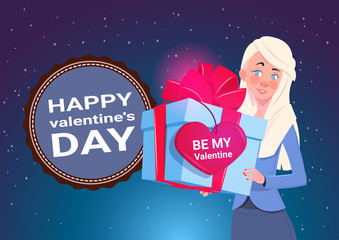 Valentines Day Concept Banner Cute Woman Holding Gift Box With Heart Shape Label 14 February Holiday Flat Vector Illustration