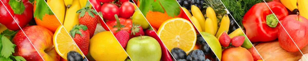 Sammlung frisches Obst und Gemüse Hintergrund. Collage. Breites Foto.