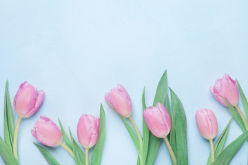 Obraz premium Floral pattern for March 8, International Womans or Mothers day. Beautiful spring tulip flowers. Top view.
