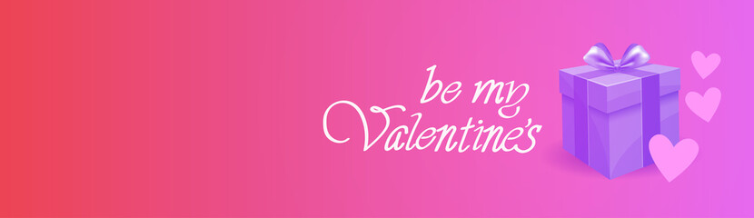 Happy Valentines Day Horizontal Banner With Gift Box On Pink Template Background Vector Illustration