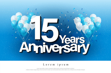 15th years anniversary greeting card lettering template with balloon and confetti. Design for invitation card, banner, web, header and flyer. vector illustrator