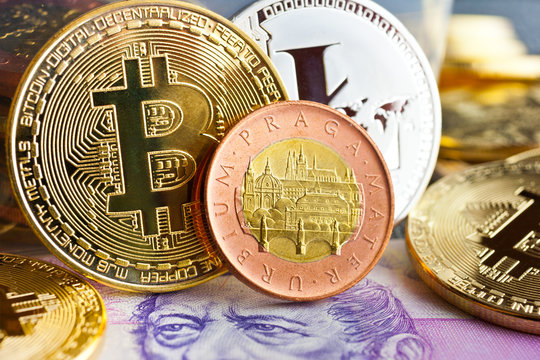 Virtual cryptocurrency - financial technology and internet money - Czech crown money and variety of crypto currencies - Bitcoin, Litecoin, and czech crown
