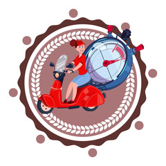 Fast Delivery Service Logo Woman Courier Riding Retro Scooter Icon Isolated Flat Vector Illustration