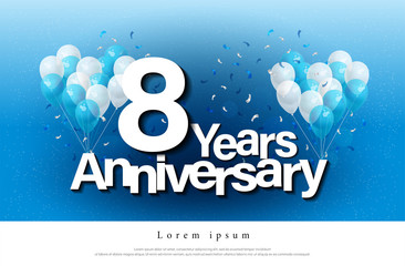 8th years anniversary greeting card lettering template with balloon and confetti. Design for invitation card, banner, web, header and flyer. vector illustrator