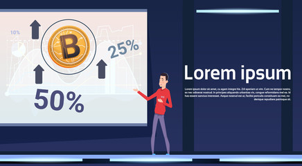 Asian Man Holding Bitcoin Mining And Trade Report Presentation Crypto Currency Concept Banner With Template Elements Flat Vector Illustration