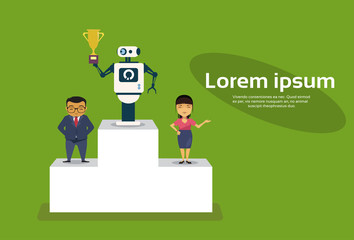 Successul Robot Standing On Top Of Winners Podium Holding Golden Cup Artificial Intelligence Concept Flat Vector Illustration
