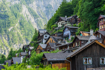 Fototapeta na wymiar Nice signature View from Hallstatt , Austria . Took this photo on the way to city centre during summer afternoon cloudy day / Location : Hallstatt, Austria, Europe