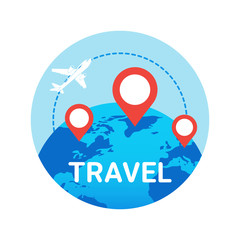 Travel Icon Isolated Plane Fly Over World Globe With Map Pointers Vector Illustration