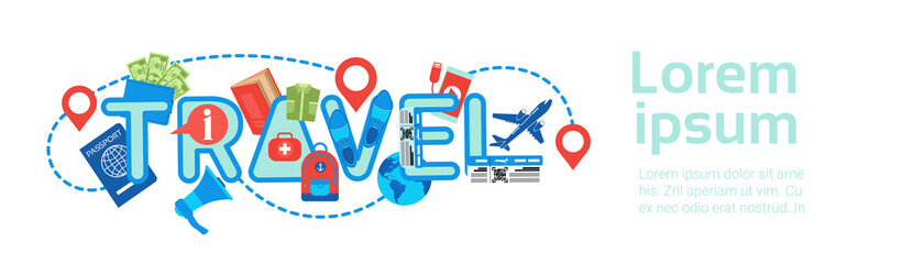 Obraz premium Planning Travel Horizontal Banner Template Backgroung Tour Route, Packing And Booking Concept Flat Vector Illustration