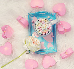 happy valentines day with marshmallow drink, rose and lightning hearts