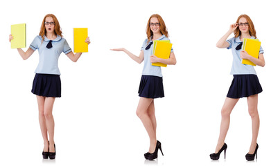 Fototapeta premium Young diligent student with textbooks isolated on white