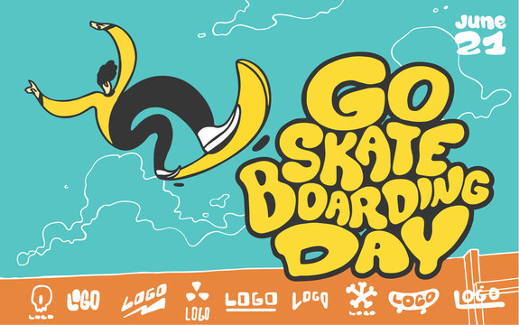 Go skateboarding day. Boy jumping on skateboard. 