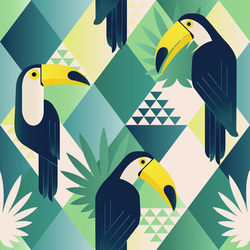 Exotic Beach Trendy Seamless Pattern, Patchwork Illustrated Floral Vector Tropical Leaves. Jungle Toucan. Wallpaper Print Background Mosaic.