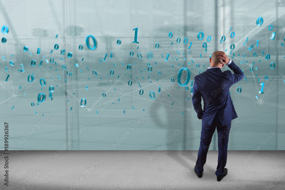 Poster businessman in front of a wall with network connection of data with 0 and 1 number - 3d render