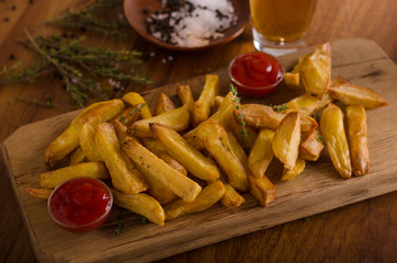 Homemade french fries with organic ketchup