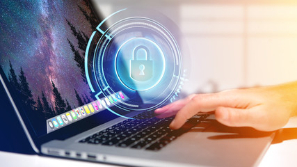 Businessman holding a Shinny technologic locker security button  - 3d render