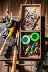Handmade equipment for fishing with floats, hooks and rods