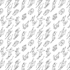 Pattern skiing people in winter on a tubing, snowboard, ski, sleigh . 