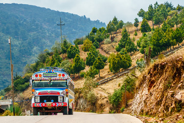 Old school bus used as public transport by Todos Santos Cuchumatan in Guatemala