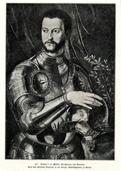 Fototapeta na wymiar Cosimo I de' Medici in armour; painting of Agnolo Bronzino, ca. 1545 (from Spamers Illustrierte Weltgeschichte, 1894, 5[1], 475)