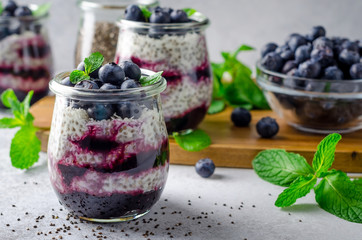 Chia pudding with blueberry, mint leaves  and jam
