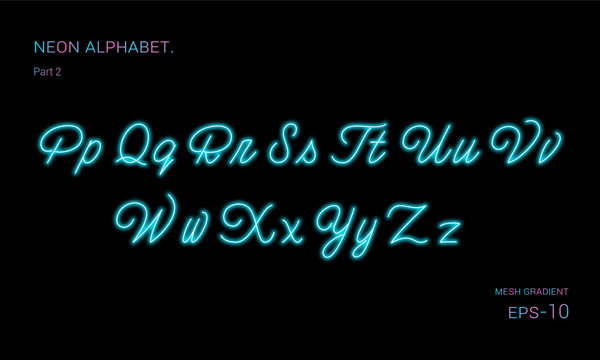 Neon alphabet font. Blue neon font. Vector illustration.