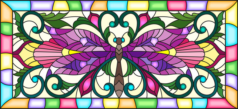 Illustration in stained glass style with bright dragonfly and floral ornament on a yellow background in a bright frame