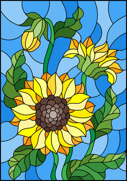 Illustration in stained glass style with a bouquet of sunflowers, flowers,buds and leaves of the flower on blue background