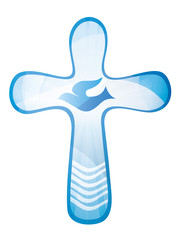 Baptism Christian cross with dove and waves of water on a blue background. Religious sign. Isolated