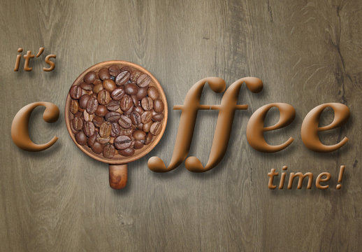 Fototapeta Inscription "It's coffee time" and a cup of coffee beans. Wooden background.