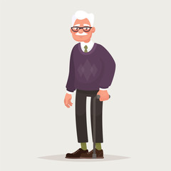 Grandfather wearing glasses. An elderly man with a cane in his hands. Vector illustration in cartoon style © tynyuk
