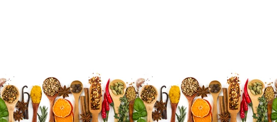 Zelfklevend Fotobehang Aroma Different spices, seasonings and herbs isolated on white. Seamless horizontal pattern.