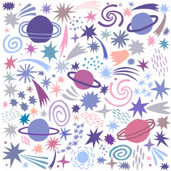 Vector space illustration. Planets, stars, universe, galaxy doodle set